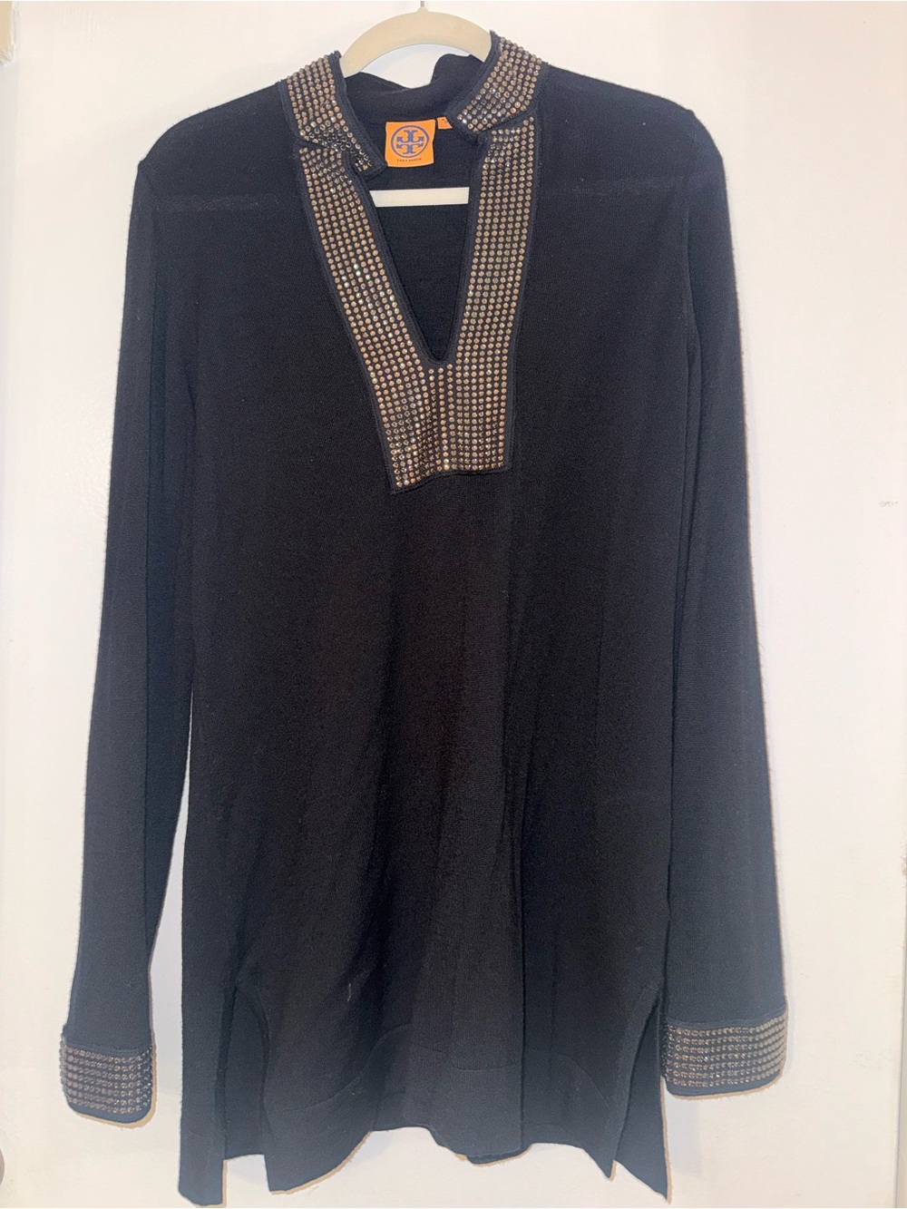 Tory Burch Black V-Neck Sweater with Gold Stud Trim